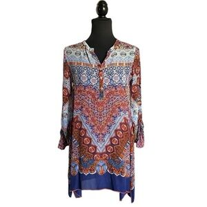 Boho Printed Tunic Dress in Blue and Rust